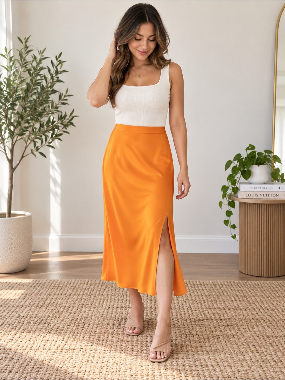 A New Day Orange Satin Midi Skirt Side Slit Size M